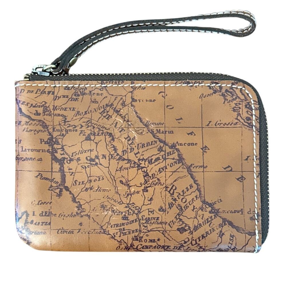 Patricia Nash Cassini Zip Around Wristlet Brown Leather Map Print